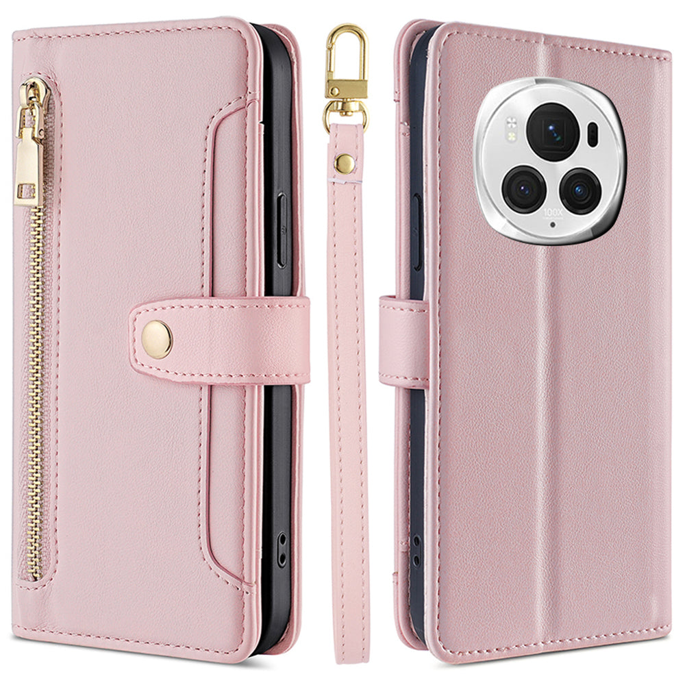 For Honor Magic6 Pro 5G Case Zipper Pocket Wallet Anti-Drop Leather Phone Cover with 2 Straps For Honor Magic6 Pro 5G Case Zipper Pocket Wallet Anti-Drop Leather Phone Cover with 2 Straps